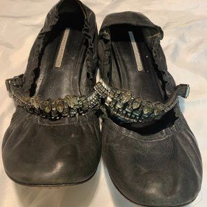 Black Leather ballet flats with crystal strap